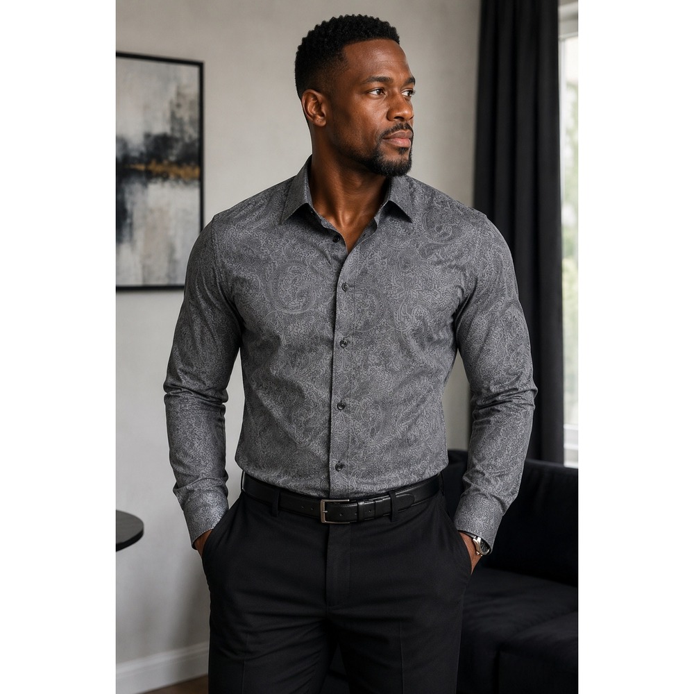 Express 1MX Modern Fit Shirt Mens Medium Grey Paisley Stretch Cotton Long Sleeve